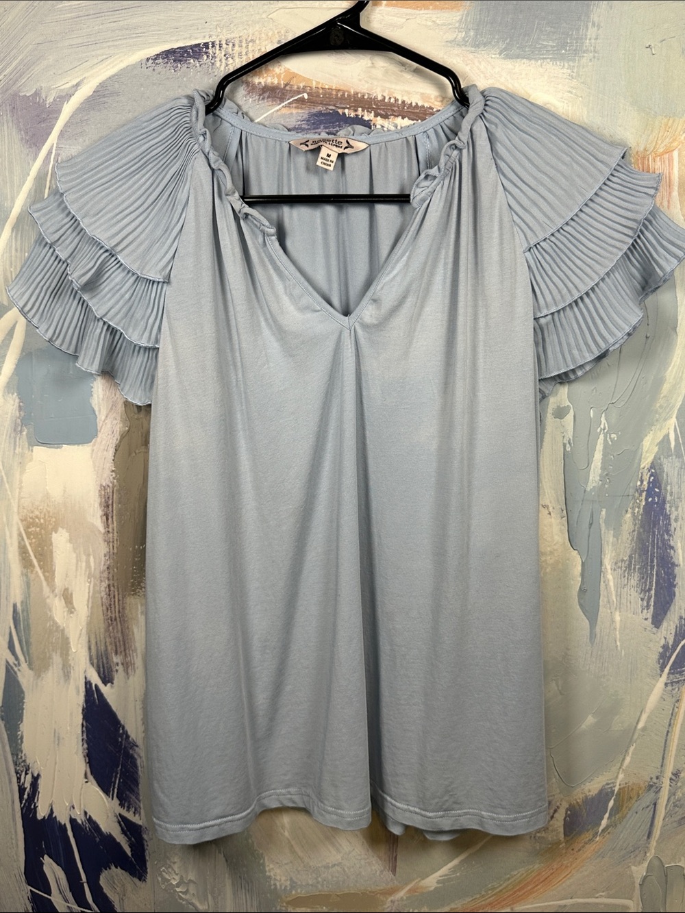 Nanette Lepore Ruffle Sleeve Blouse Blue Pleated Flutter Sleeve V Neck Top M